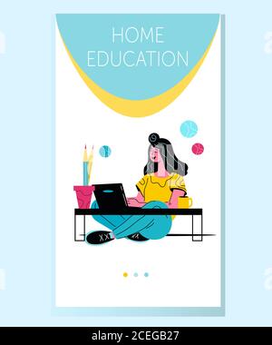 Mobile Seite für Online-Bildung Anwendung mit Frau flache Vektor-Illustration. Stock Vektor