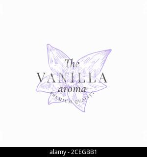 Die Vanilla Aroma abstrakte Vektor-Zeichen, Symbol oder Logo-Vorlage. Elegante handgezeichnete Spice Flower Sketch Silhouette mit Retro Typografie. Vintage Stock Vektor