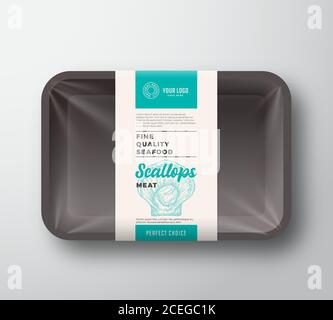 Premium Seafood Pack Abstract Vector Kunststoff Tray Container mit Cellophan Cover Verpackung Design Label. Moderne Typografie Handgezeichneter Jakobsmuschel Stock Vektor