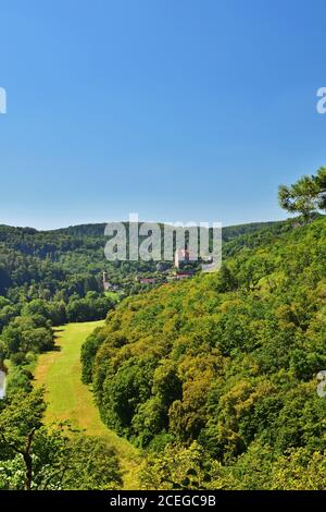 Blick auf Schloss Hardegg im Nationalpark Thayatal / Podyji Österreich und Tschechien Stockfoto