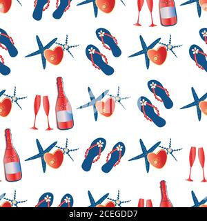 Champagner, Flip Flop Schuhe nahtlose Vektor-Muster Hintergrund. Rot, blau weiß Hintergrund von Flaschen, Gläser, Herzen, Seesterne, Sandalen. Spaß wiederholen für Stock Vektor