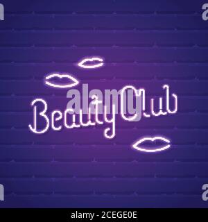 Beauty Club Neon Design-Vorlage. Neon Light Tubes Schriftzug mit einem Vektor Backstein Hintergrund Stock Vektor