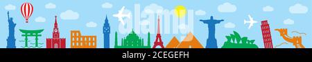 Bunte historische Orte mit Sonne und Flugzeug, Panorama kreative Bild Stock Vektor