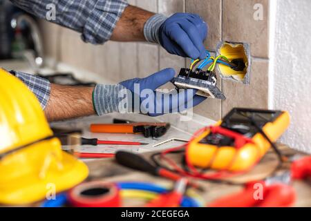 Elektriker bei der Arbeit mit Schraubendreher fixiert das Kabel in den Buchsen eines Wohnelektrik-Systems. Bauindustrie. Stockfoto