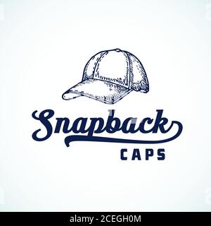Snapback Caps Abstract Vector Sign, Symbol oder Logo Template. Truckers Hut Skizze Zeichnung mit Retro Typografie. Vintage-Emblem oder -Abzeichen. Stock Vektor