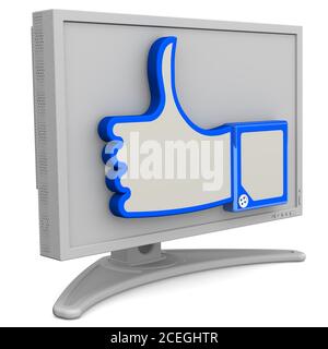 Monitor mit Daumen nach oben. Graues Display mit Handgesten Daumen hoch Zeichen. Isoliert. 3D-Illustration Stockfoto