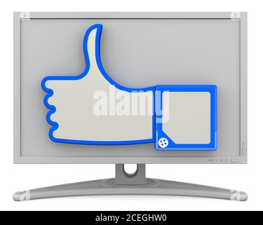 Monitor mit Daumen nach oben. Graues Display mit Handgesten Daumen hoch Zeichen. Isoliert. 3D-Illustration Stockfoto