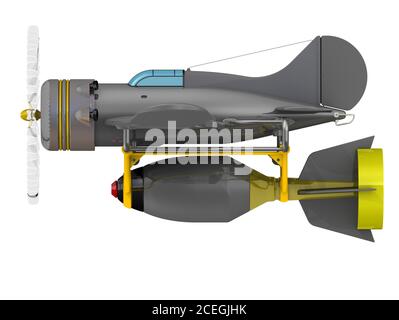 Flugzeug mit großer Bombe. Graues Propellerflugzeug im Flug mit einer großen Flugzeugbombe. Isoliert. 3D-Illustration Stockfoto