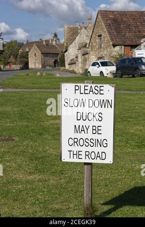 Bitte verlangsamen, Enten können das Straßenschild in Biddestone überqueren Stockfoto