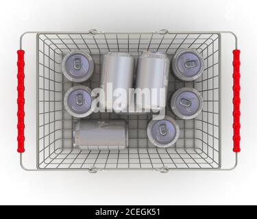 Aluminiumdosen im Lebensmittelkorb. Aluminiumdosen liegen im Einkaufskorb. Isoliert auf weißer Oberfläche. 3D-Illustration Stockfoto