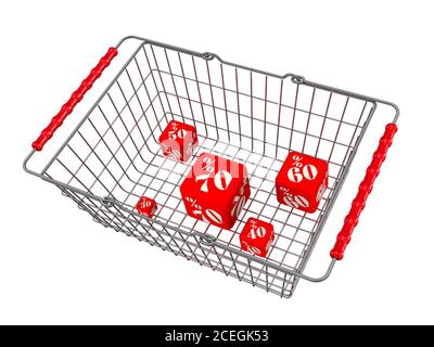 Rabatte im Warenkorb. Rote Würfel mit Prozentsätzen von Rabatten sind im Lebensmittelkorb. Isoliert. 3D-Illustration Stockfoto
