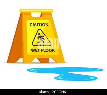 Gelbes Schild vorsichtig nassen Boden und Pfütze in der Nähe. Flache Vektor-Illustration. Stock Vektor