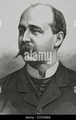 Segismundo Moret y Prendergast (1838-1913). Spanischer Politiker. Hochformat. Illustration von Badillo. Stich von Arturo Carretero. La Ilustracion Española y Americana, 1881. Stockfoto