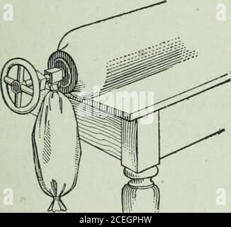 . Das Ontario High School Physics. Experiment.EINE kleine Menge kaltes Wasser im Wasserglas wird in den Konzipitoreiner Luftpumpe über einer Schale aus starker Schwefelsäure eingeschlossen (Abb. L 284, S. Die Luft wird dann aus dem Empfänger abgesaugt.Wenn der Druck ausreichend reduziert wird, beginnt das Wasser zu kochen, und da der Dampf aus dem Empfänger entfernt wird, teils durch Absaugen mit der Luft durch die Pumpe, teils durch Absorption in die Schwefelsäure, wird der Prozess fortgesetzt, bis das Wasser eingefroren ist. Ähnliche Ergebnisse werden in amore auffallender Weise durch das Einfrieren von Kohlendioxid durch Verdunstung aus gezeigt Stockfoto