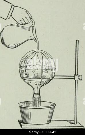 . Die Ontario High School Physik. Abb. 279. – Siedepunkt eines mittels Druck angehobenen Liquids. 252 ZUSTANDSÄNDERUNG wird durch eine Absenkung der Temperatur erreicht. Dies zeigt ein vertrautes, aber auffallendes Experiment. Füllen Sie einen Kolben zur Hälfte mit Wasser und kochen Sie ein oder zwei Minuten lang, damit der austretende Dampf die Luft austreten kann. Während das Wasser kocht, entferne die Flamme und verschließe gleichzeitig den Kolben mit einem Stopfen. Drehen Sie den Kolben um und stützen Sie ihn auf einem Retortenständer ab (Abb. 280), und gießen Sie kaltes Wasser über die Flasche. Die Wassertemperatur in der Flaskenoberfläche liegt unter 100 Grad, kocht aber Stockfoto