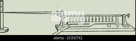 . Die Ontario High School Physik. tn^^d FIA. 254. – Ausdehnung des Balls durch Hitze. Fio. 255. - Ausdehnung der Stange durch Hitze. Abbildung ist unnötig. Wenn eine Messingkugel (Abb. 254) whichcan just Pass through a Ring when cold is heated it will dhenbe find to be too large to go through. Wenn wir eine Metallstange erhitzen, die an einem Ende befestigt ist, während das andere gemacht wird, um gegen den kurzen Arm eines gebogenen Hebels zu drücken (Abb. 255) eine Verlängerung der Stange wird durch eine Bewegung des Endes des langen Arms über eine Skala dargestellt. Wenn die Unterlegstange, die durch Nieten an-gether-Streifen aus Kupfer und Eisen (Abb. 256) gemacht wird, gleichmäßig erhitzt wird, biegen sie Stockfoto