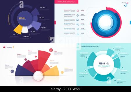 Set von Vektor-Kreis-Diagramm-Designs, moderne Vorlagen für die Erstellung von Infografiken, Präsentationen, Berichte, Visualisierungen Stock Vektor