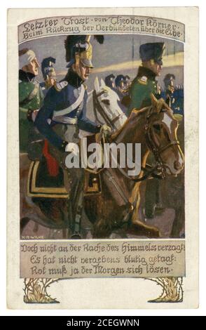 Deutsche historische Postkarte: Soldat und Dichter Theodor Körner, mit einer Kavallerie vor seiner letzten Elbschlacht, Napoleonischer Krieg, 1813 Stockfoto