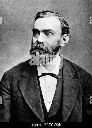 Alfred Nobel, Porträt. Alfred Bernhard Nobel (1833-1896) war ein schwedischer Chemiker, Ingenieur, Erfinder, Geschäftsmann und Philanthrop, der vor allem für die Finanzierung des Nobelpreises bekannt ist. Stockfoto