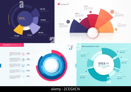 Set von Vektor-Kreis-Diagramm-Designs, moderne Vorlagen für die Erstellung von Infografiken, Präsentationen, Berichte, Visualisierungen Stock Vektor