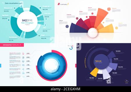 Set von Vektor-Kreis-Diagramm-Designs, moderne Vorlagen für die Erstellung von Infografiken, Präsentationen, Berichte, Visualisierungen Stock Vektor