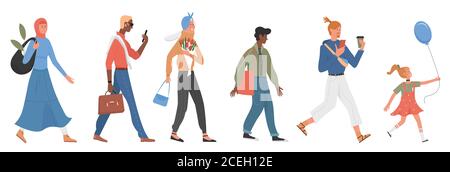 Casual people flach Vektor Illustration Set. Cartoon verschiedene stilvolle Mode Walking Charaktere Sammlung von muslimischen Frau, ältere Dame mit Blumen und Tasche, Geschäftsmann Hurrying Hipster, glückliches Kind Stock Vektor