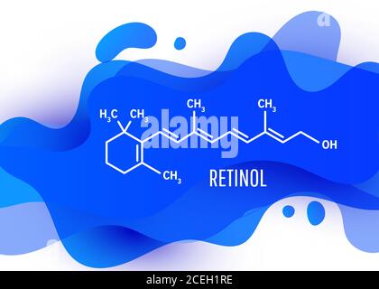 Vitamin A oder Retinol Strukturmolekül chemische Formel mit Flüssigkeit Fließende Formen auf weißem Hintergrund Stock Vektor