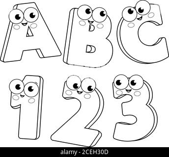 Cartoon Buchstaben und Zahlen. Vektor schwarz-weiß Malseite Stock Vektor