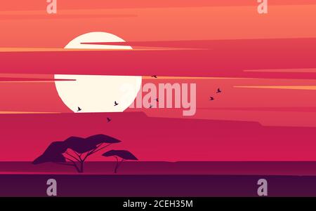 Lebhafter Sonnenuntergang über der afrikanischen Savanne. Vektorgrafik Stock Vektor