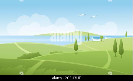 Sommer Fluss Landschaft Vektorgrafik. Cartoon flache Panorama-Naturlandschaft mit grünen Gras Felder und Bauernhäuser am Flussufer, Ackerland Landschaft Natur im Sommer Hintergrund Stock Vektor