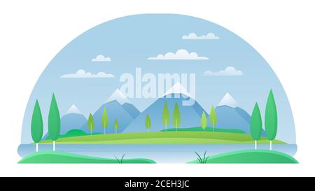 Berg und Fluss Sommer Landschaft Vektorgrafik. Cartoon flache bergige friedliche Sommerlandschaft mit malerischen grünen Gras Flussufer, Berg schneebedeckten Gipfeln am Horizont isoliert auf weiß Stock Vektor