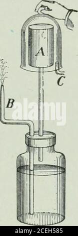 . Die Ontario High School Physik. Y voller Wasser (Feige. 170).EIN kleines Glasrohr B, bis zu einem Punkt gezogen, geht auch durch den Korken der Flasche und reicht fast bis zum Boden der Flasche. Halten Sie nun über die poröse Tasse abell-Glas voll von trockenem Wasserstoff, oder passilluminating Gas durch die Röhre G in die Glocke-Glas. Sehr bald wird ein Wasserstrahl aus der Röhre B sprieen, manchmal mit beträchtlicher Kraft. Nachdem diese Absaugung aufgehört hat, entfernen Sie das Glocke-Glas, und Blasen werden das Wasser durch das untere Ende des Röhrchens B seeneintritt.Zuerst ist der Raum innerhalb der porösen Tasse und in der Flasche über dem Wasser Stockfoto