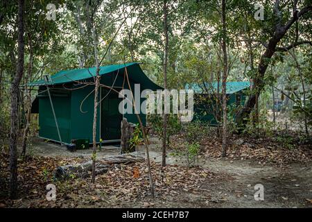 Übernachtung Camp im Outback und gekochtes Frühstück mit gebraten Eier im Outback-Stil Stockfoto