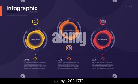 Stilvolle bunte Vektor-Timeline Infografik Vorlage mit kreisförmigen grafischen Elementen Auf einem tiefblauen Hintergrund Stock Vektor