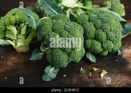 Frischer grüner Brokkoli auf dunkelbraunem Hintergrund. Makro Foto grün frisches Gemüse Brokkoli. Grünes Gemüse für Ernährung und gesunde Ernährung. Bio Foo Stockfoto