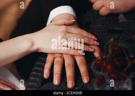 Die Hände der Braut und des Bräutigams in den Eheringen Stockfoto