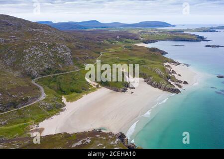 Luftaufnahme von Ceannabeinne Beach in der Nähe von Durness an der Nordküste von Sutherland, Highland Region, Schottland, Großbritannien Stockfoto