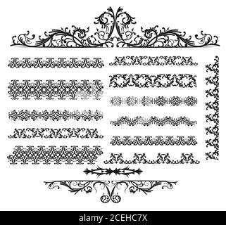 Lineares lockiges Ornament. Reich elegant dekoratives Muster Linie Umriss. Sammlung von Rahmen, Rahmen. Vektor auf weißem Hintergrund isoliert. Elemente für Stock Vektor