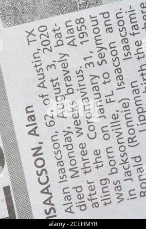 Austin, Texas, USA. September 2020. Die jüngsten Nachrufe in der Austin American-Statesman Zeitung zeigen COVID-19 und die Pandemie als primäre Todesursache für ihre Lieben. Am 1. September 2020 gab es in Texas 12,779 von 633,000 landesweit in Texas verendeten Fällen. Quelle: Bob Daemmrich/ZUMA Wire/Alamy Live News Stockfoto