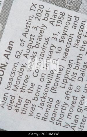Austin, Texas, USA. September 2020. Die jüngsten Nachrufe in der Austin American-Statesman Zeitung zeigen COVID-19 und die Pandemie als primäre Todesursache für ihre Lieben. Am 1. September 2020 gab es in Texas 12,779 von 633,000 landesweit in Texas verendeten Fällen. Quelle: Bob Daemmrich/ZUMA Wire/Alamy Live News Stockfoto