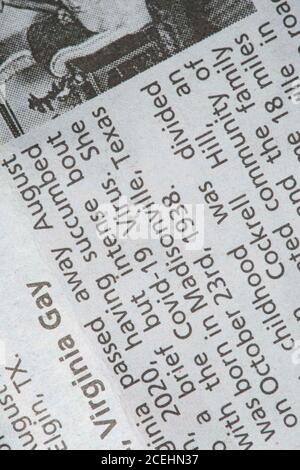 Austin, Texas, USA. September 2020. Die jüngsten Nachrufe in der Austin American-Statesman Zeitung zeigen COVID-19 und die Pandemie als primäre Todesursache für ihre Lieben. Am 1. September 2020 gab es in Texas 12,779 von 633,000 landesweit in Texas verendeten Fällen. Quelle: Bob Daemmrich/ZUMA Wire/Alamy Live News Stockfoto