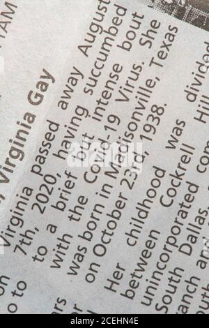 Austin, Texas, USA. September 2020. Die jüngsten Nachrufe in der Austin American-Statesman Zeitung zeigen COVID-19 und die Pandemie als primäre Todesursache für ihre Lieben. Am 1. September 2020 gab es in Texas 12,779 von 633,000 landesweit in Texas verendeten Fällen. Quelle: Bob Daemmrich/ZUMA Wire/Alamy Live News Stockfoto