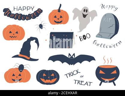 Lustige halloween-Set, Kürbisse, Fledermaus, Buch, Schriftzug, Vektor-Illustration. Stock Vektor