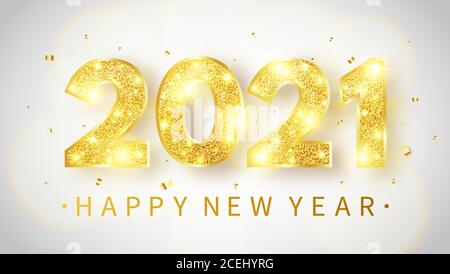 2021 Glückliche Jahreskarte. Weihnachtsdekoration. Luxus-Urlaubsbanner mit goldenen Glitzerzahlen, Bokeh-Lichtern und Konfetti. Goldfarbenes festliches Ornament Stock Vektor