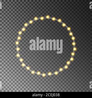 Weihnachtskranz mit goldenen Lichtern. Leuchtende goldene Weihnachtsgirlande. Frohe Weihnachten Luxus Rahmen. Urlaubsgestaltung für Grußkarte, Banner, Poster, Einladung Stock Vektor