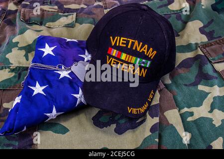 Vietnam Veteran Hut, Dog Tags, Amerikanische Flagge Auf Tarnuniform Stockfoto