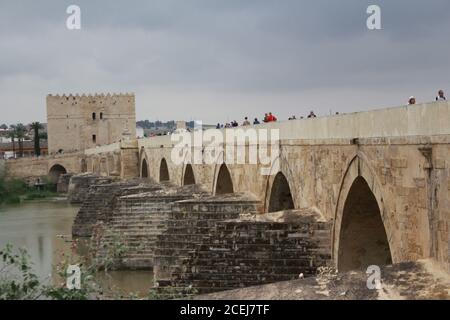 Blick auf mezquita von der römischen Brücke über den Guadalquivirin Fluss In cordoba Stockfoto