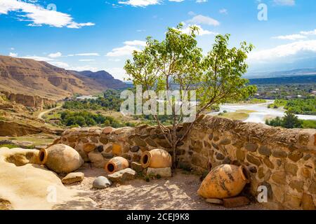 Schöne Aussicht auf den nationalen Krug und ein Busch von Olivenbaum auf dem Hintergrund des Tals des Flusses Kura in antiken Höhle Stadt Uplistsikhe, in der Nähe Stockfoto