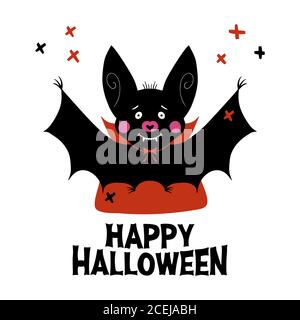 Niedliche Cartoon Vampir Fledermaus mit Fengs und roten Umhang. Doodle Cross Elemente und fröhliche halloween Schriftzug. Halloween Grußkarte. Isoliert auf Weiß Stock Vektor