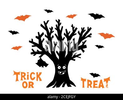 Trockener lustiger Baum mit hängender Fledermaus und fliegenden Fledermäusen. Happy Trick or Treat Orange Schriftzug. Weihnachtskarte. Isoliert auf weißem Hintergrund. Vektor Stock Vektor